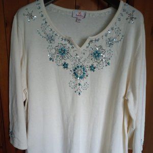 EUC 2X Quacker Factory 3/4 Sleeve Cream Sweater w/ Beads on Neckline and Sleeves